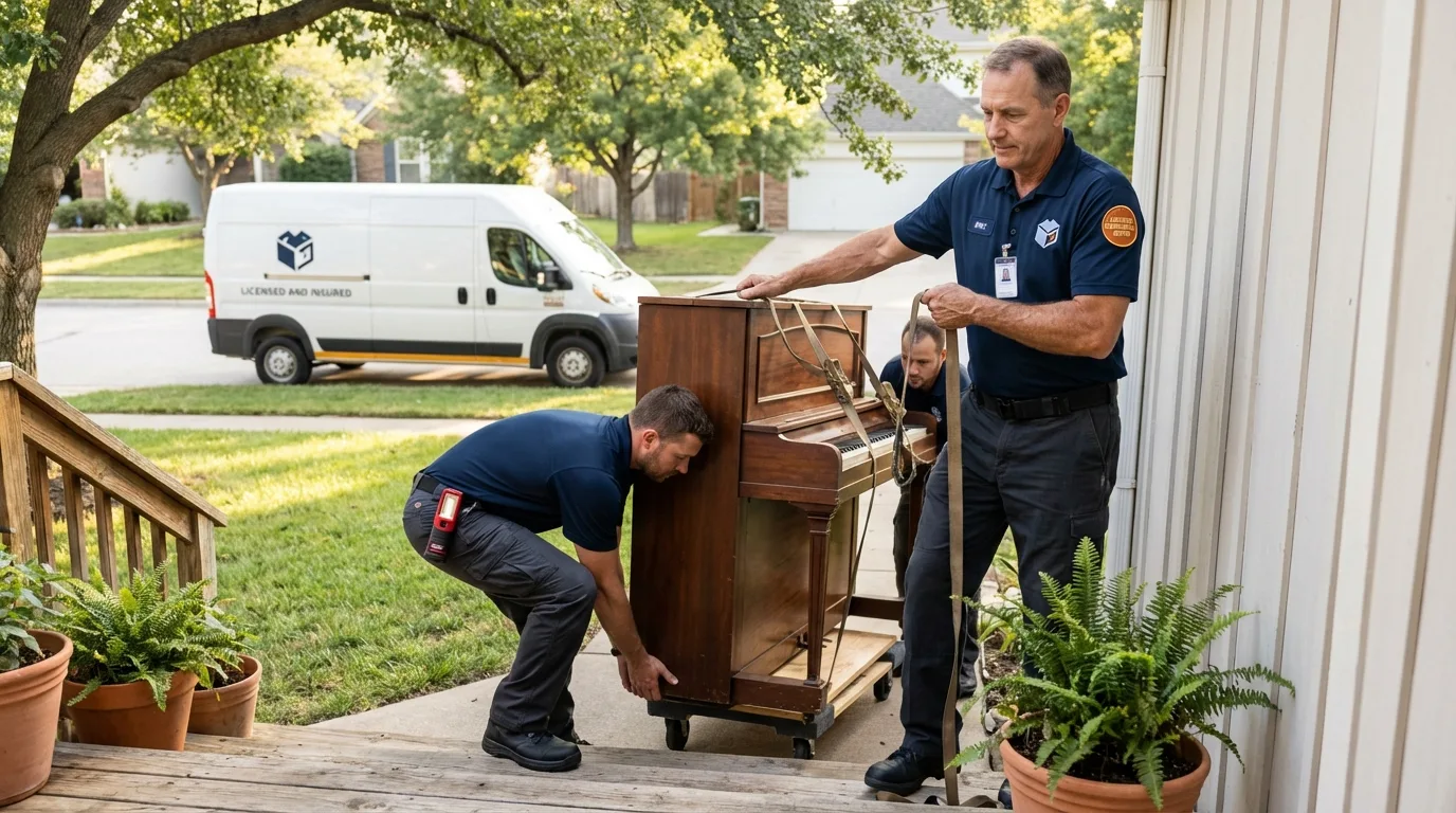 Licensed piano movers securing grand piano in Newcomerstown, OH