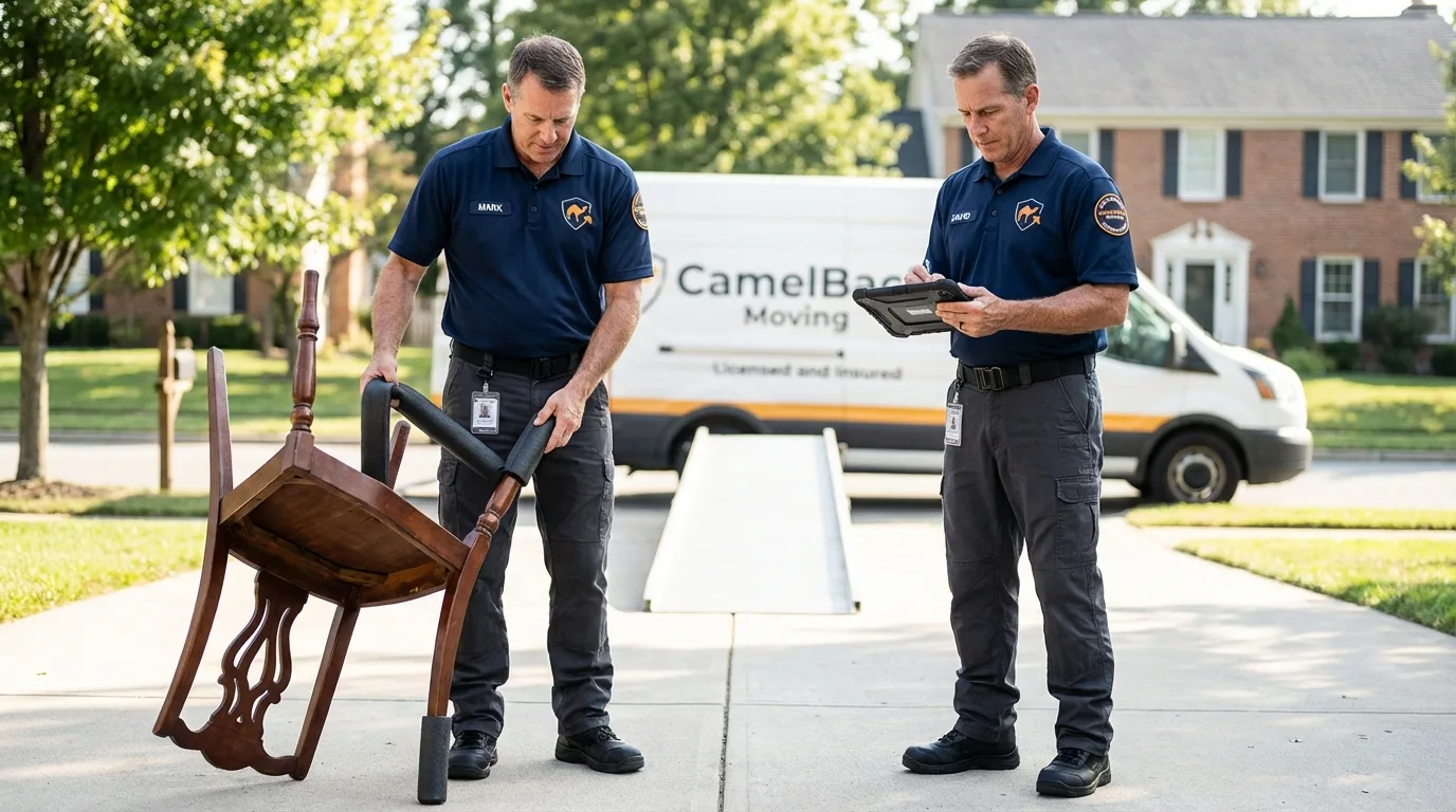 Movers inspecting furniture for damage prevention before loading in Newcomerstown, OH