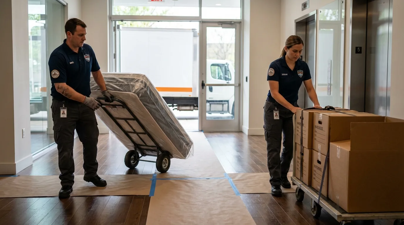 Professional apartment movers loading elevator in Newcomerstown, OH