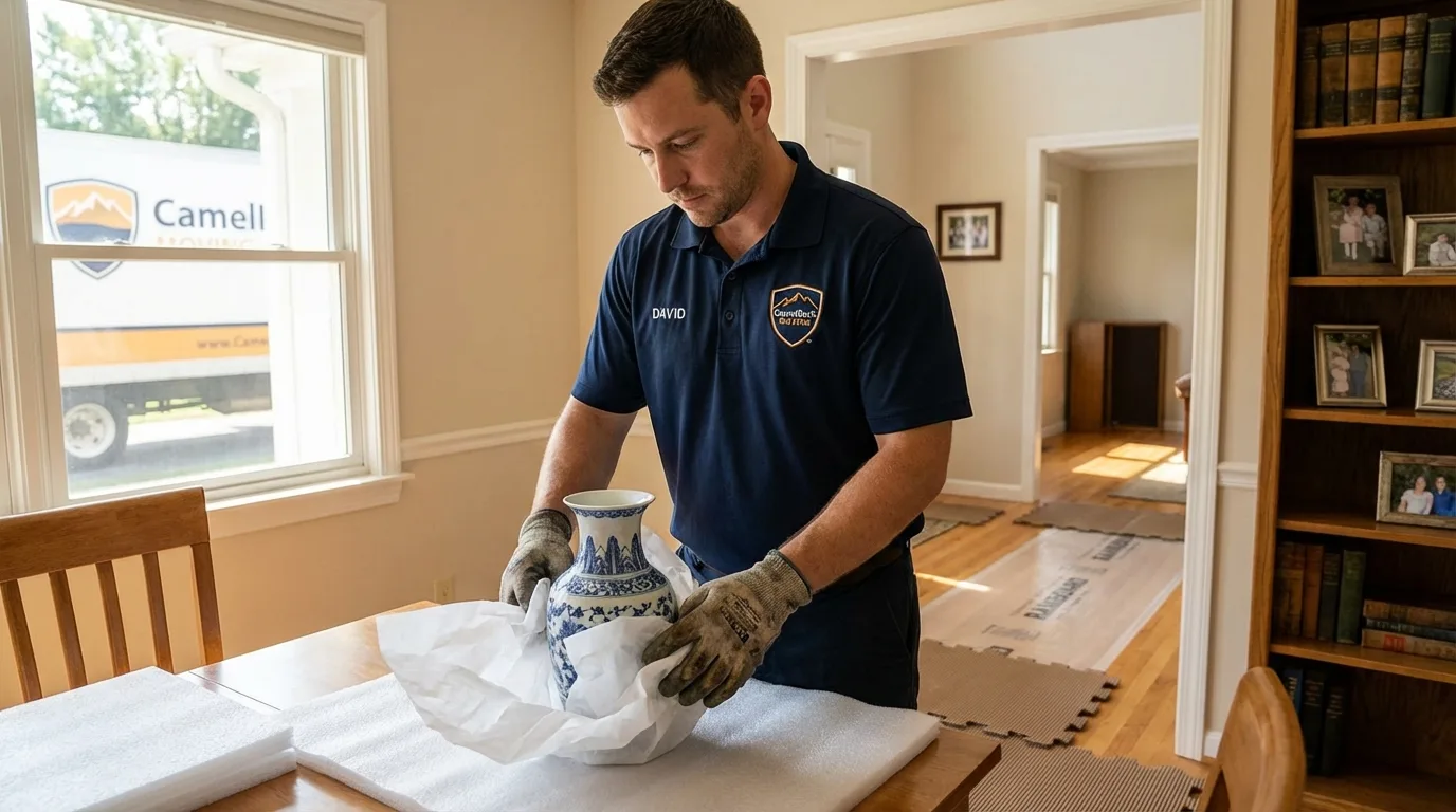 Professional crew carefully wrapping antique vase for senior downsizing move in Newcomerstown, OH