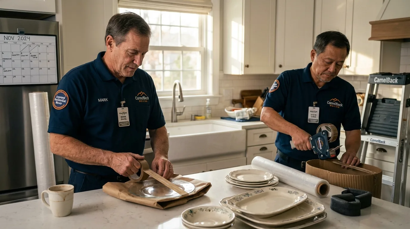 Professional crew packing kitchen dishware in Newcomerstown, OH